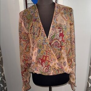 Express Y2K 100% Silk Sheer Open Front Wrap Style Paisley Blouse SZ Small